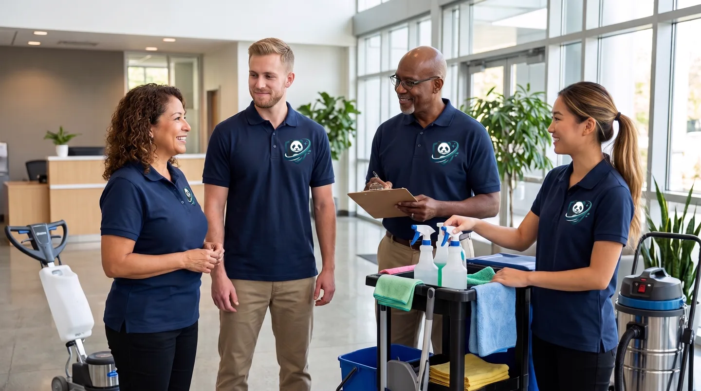 Commercial cleaning crew with a supply cart in a bright office lobby